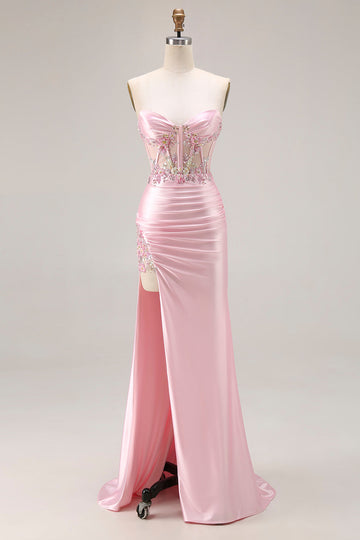 Pink Strapless Mermaid Corset Appliqued Sequin Long Prom Dress With Slit